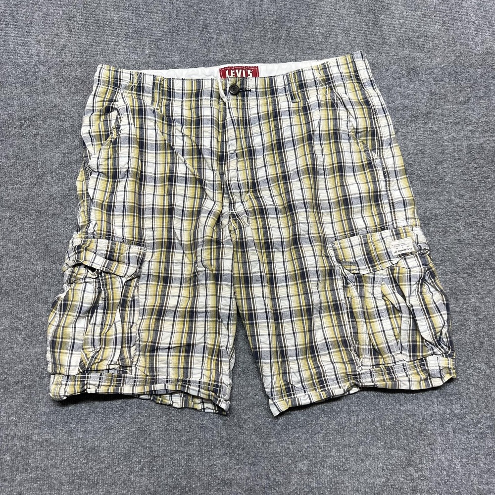 Levis Cargo Shorts Mens 38 Yellow Blue Plaid Cotton Relaxed Fit 11 Inch Inseam